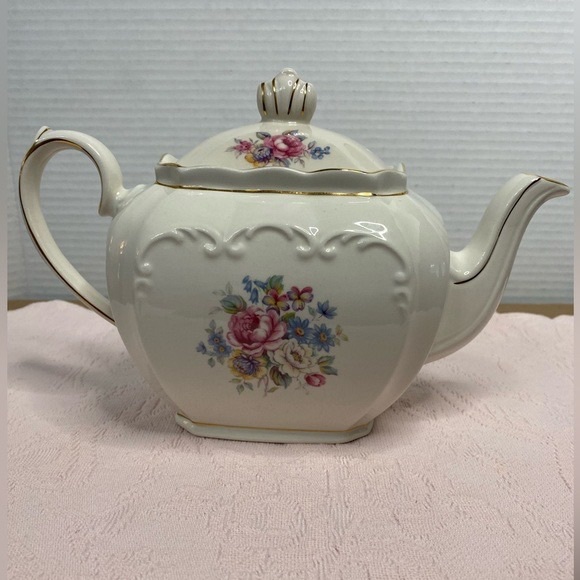 Vtg Windsor by James Sadler Cube Pink Rose Floral Bouquet Teapot with Lid Gold - Picture 4 of 16